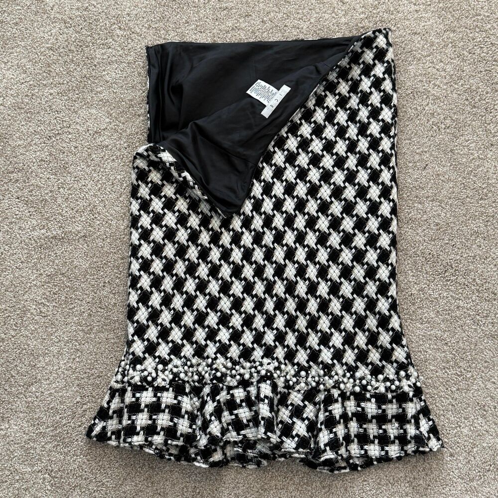 I.C.E Houndstooth‎ Fishtail Skirt Black White Beaded Pearl Trim Lined Y2K Size 8 - Picture 4 of 8